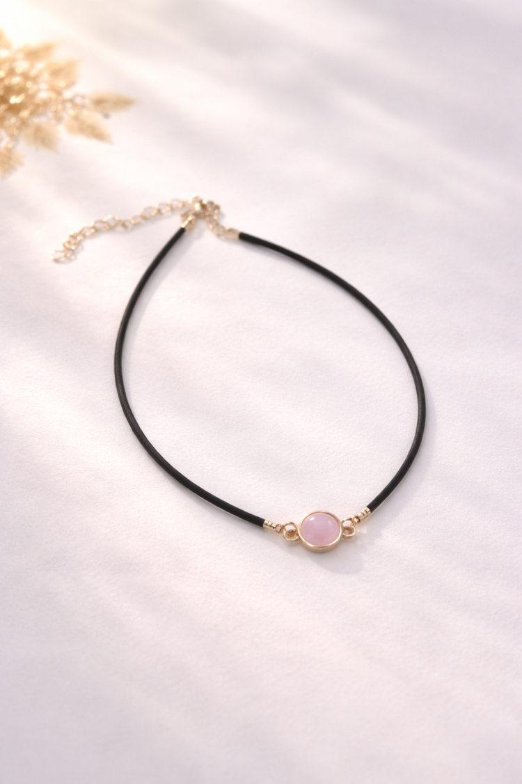 Pembe Kuvars Doğal Taş Choker Kolye 