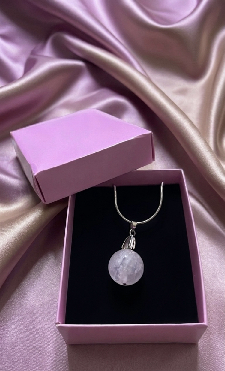 Yuvarlak Pembe Kuvars Doğal Taş Çelik Kolye