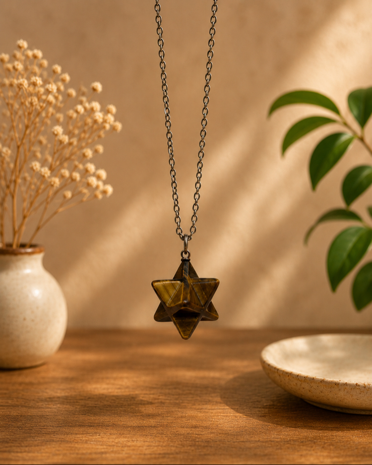 Merkaba Kaplangözü Doğal Taş Çelik Kolye