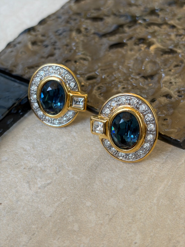 Vintage  Crystal Küpe Safir Blue 1990s 