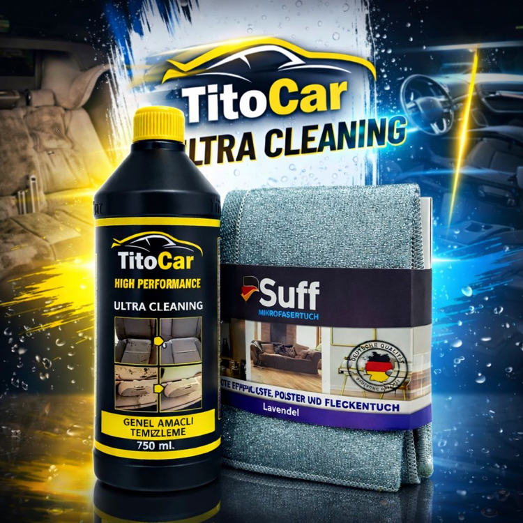 TitoCar Genel Amaçlı Temizleme Sıvısı 750 ml & Suff Mikrofiber Temizlik (Kuaför) Bezi 40x40 cm