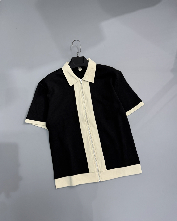 Siyah & taş fermuarlı polo gömlek
