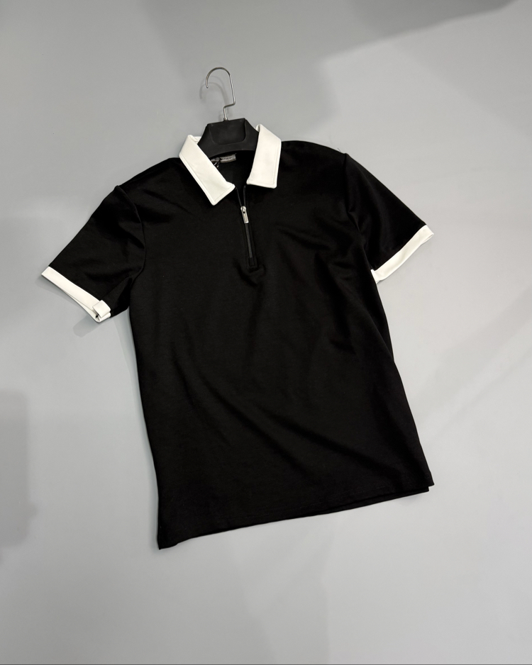 Siyah beyaz fermuar polo yaka