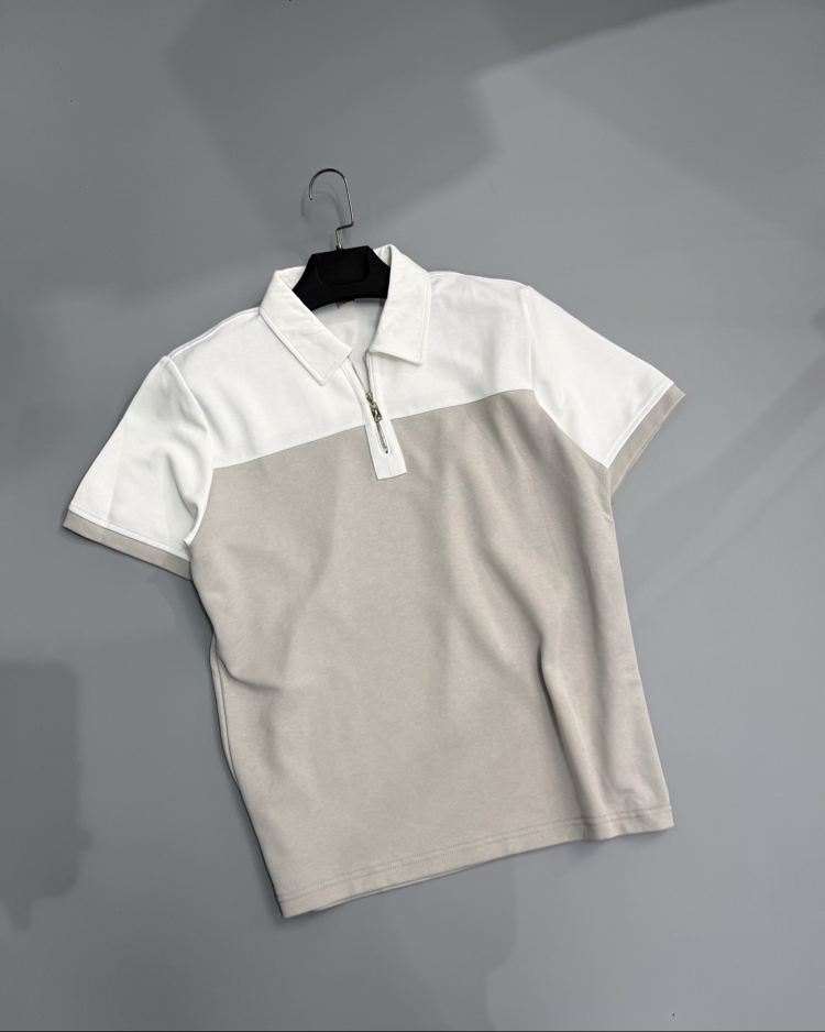 Gri beyaz fermuar polo yaka