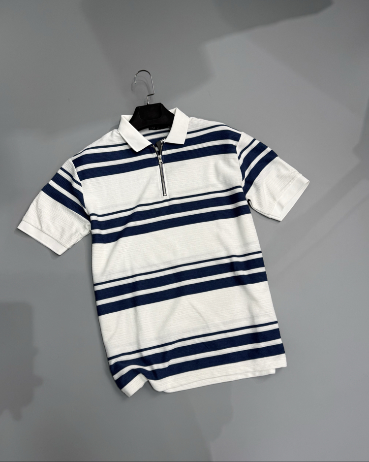 Ekru lacivert fermuar polo yaka 