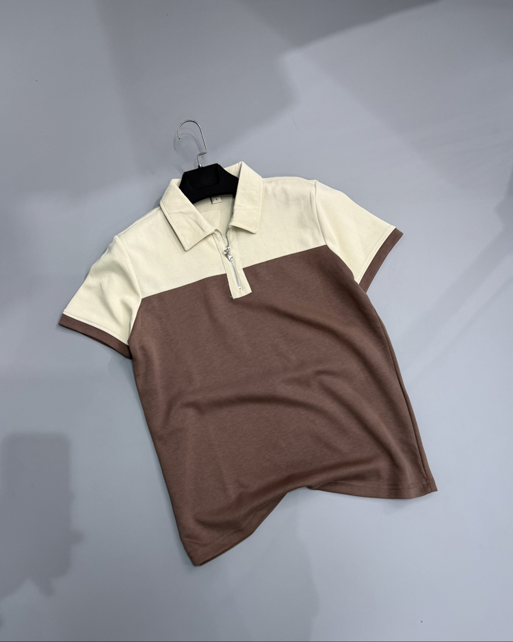 Kahve & bej fermuar polo yaka