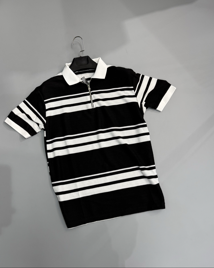Siyah ekru fermuar polo yaka 