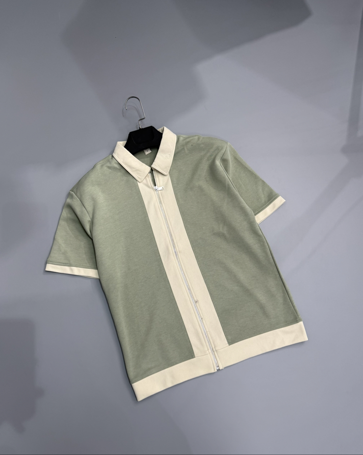 Çağla & taş rengi fermuarlı polo gömlek