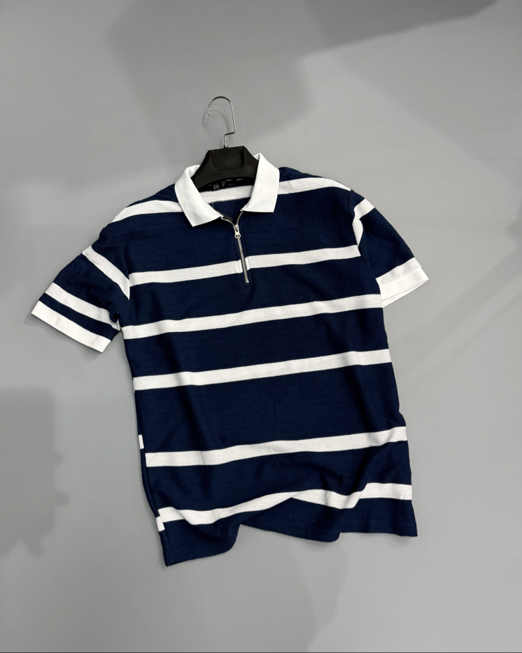 İndigo ekru fermuar polo yaka