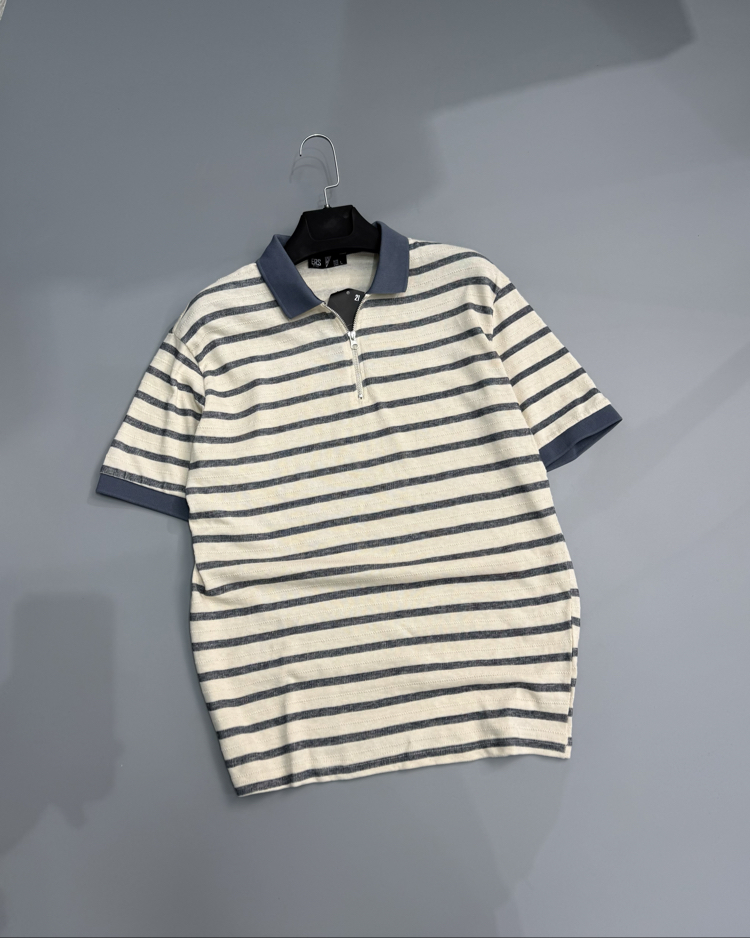 Taş rengi indigo fermuarlı polo yaka 