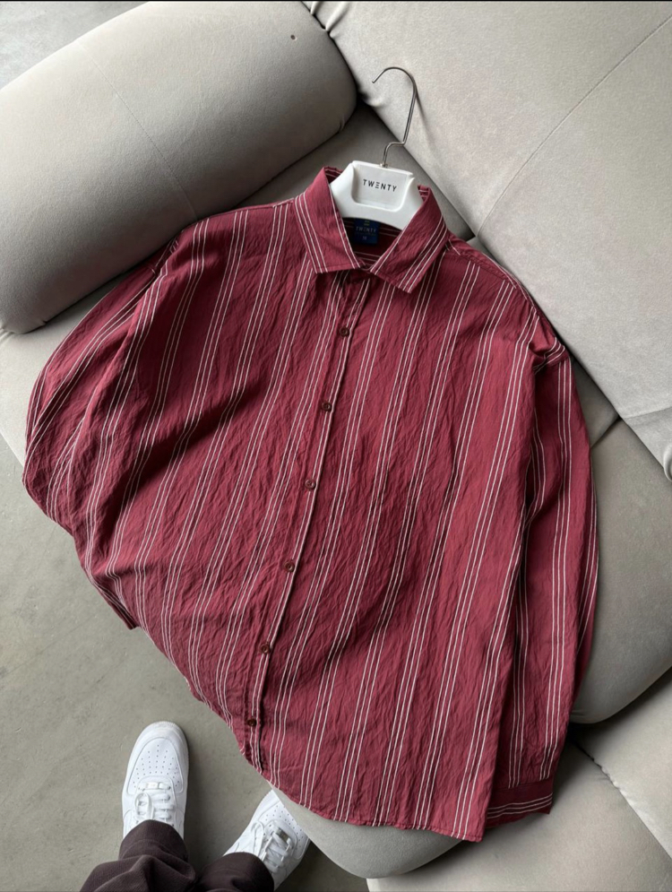 Çizgili oversize bordo gömlek