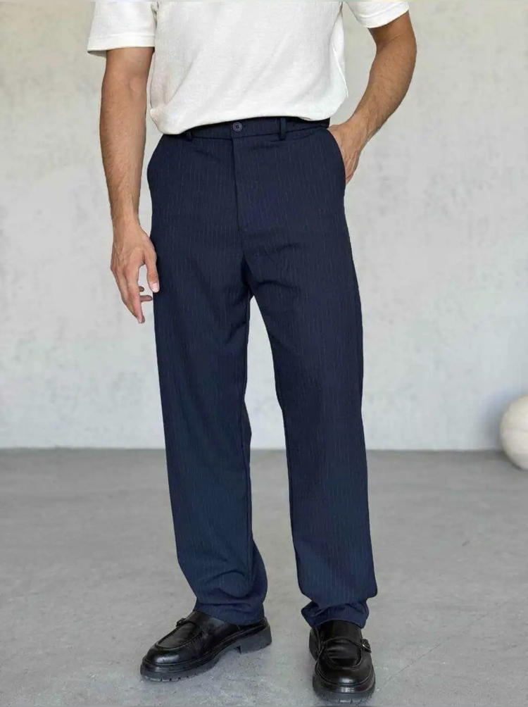 Lacivert çizgili baggy kumaş pantolon