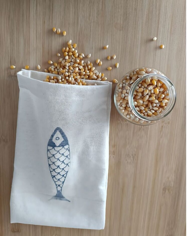 Toprak Atalier Keten Bakliyat Kesesi – 20×30 cm | Doğal Kumaş, Tahta Baskı Desenli