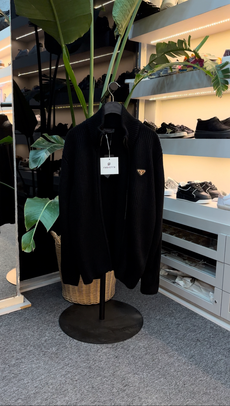 Prada Full Zip Ribbed Knit Sweater Siyah
