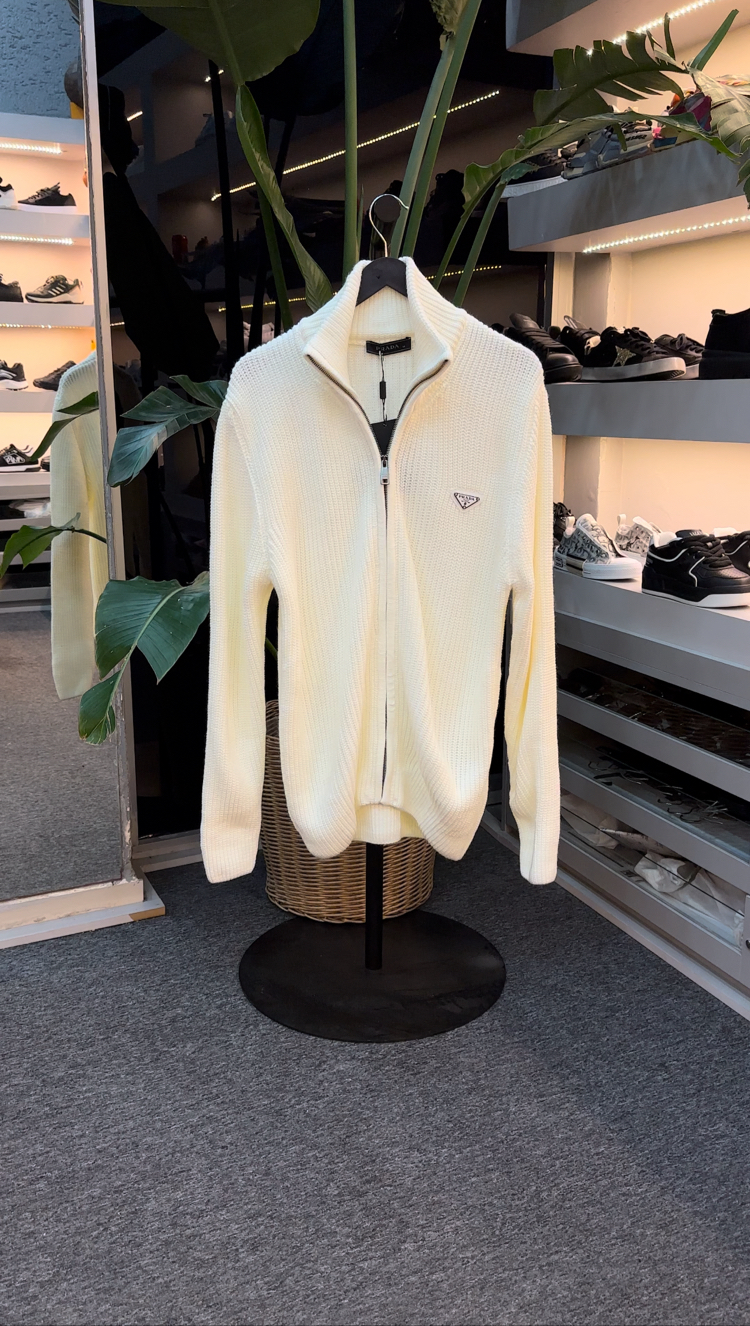 Prada Full Zip Ribbed Knit Sweater Beyaz