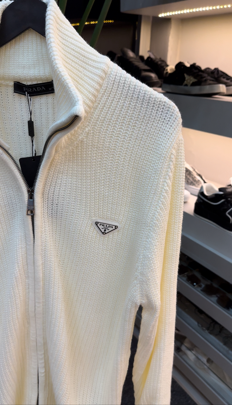 Prada Full Zip Ribbed Knit Sweater Beyaz