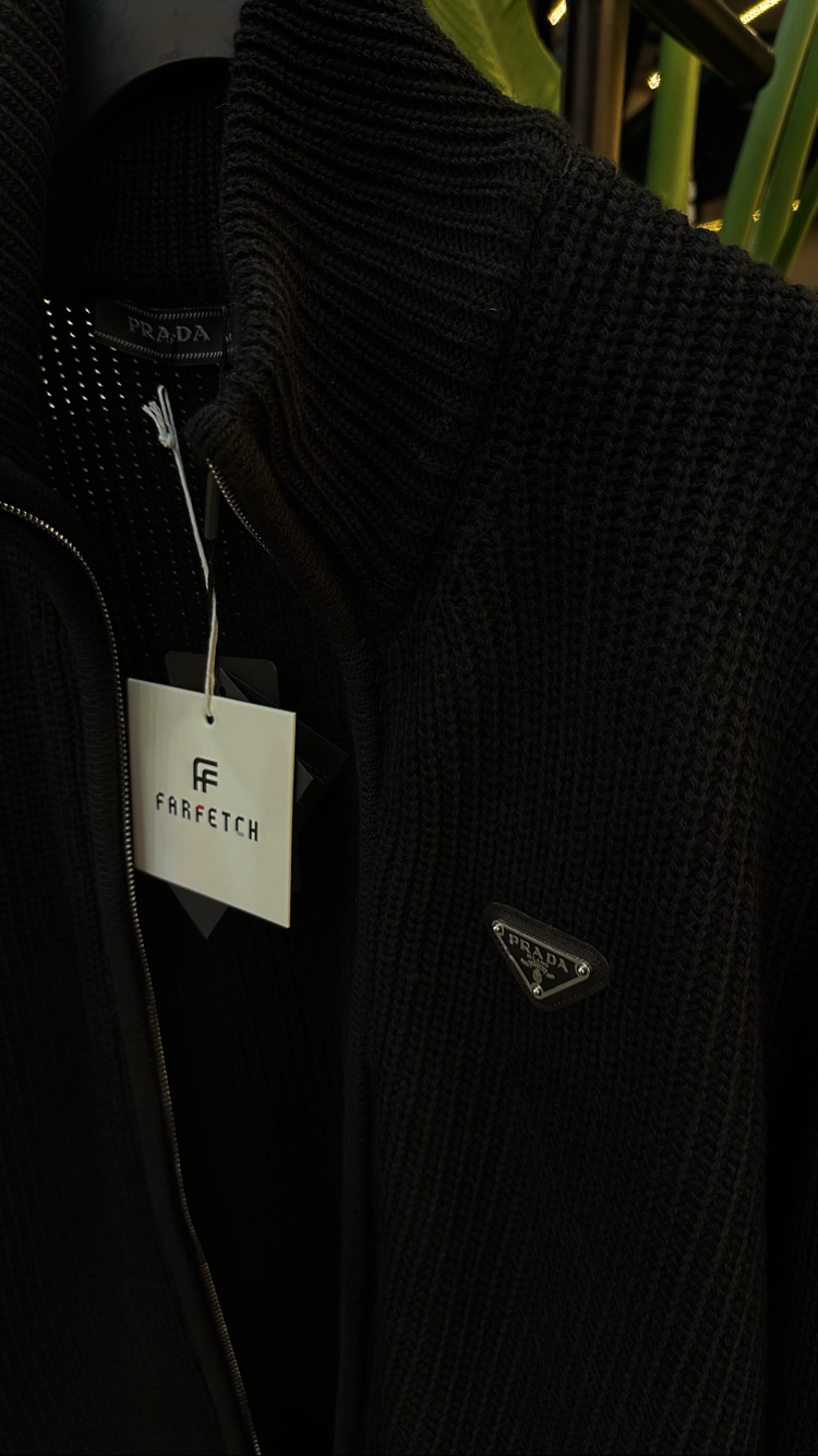 Prada Full Zip Ribbed Knit Sweater Siyah
