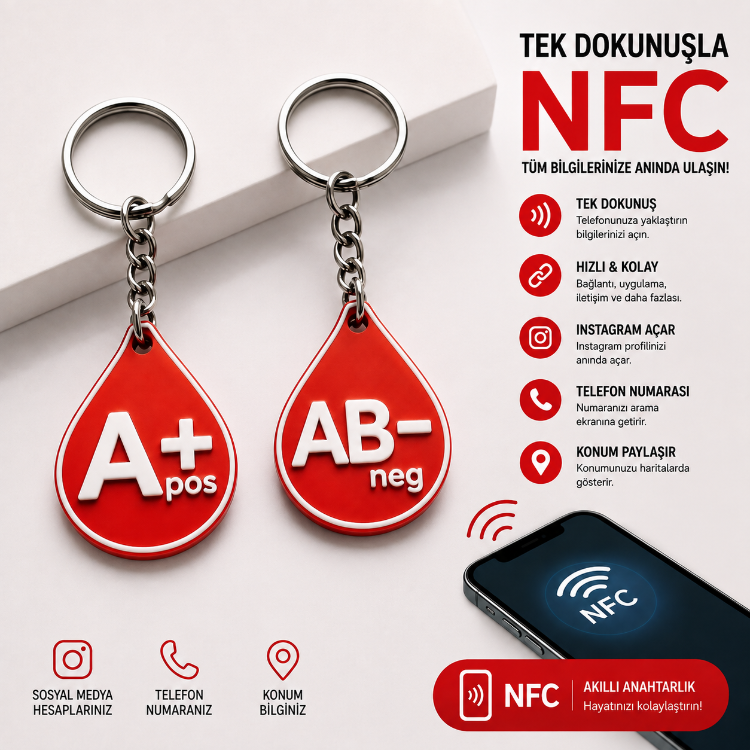 NFC Destekli Akıllı Kan Grubu ve Acil Durum Anahtarlığı (2 Adet)