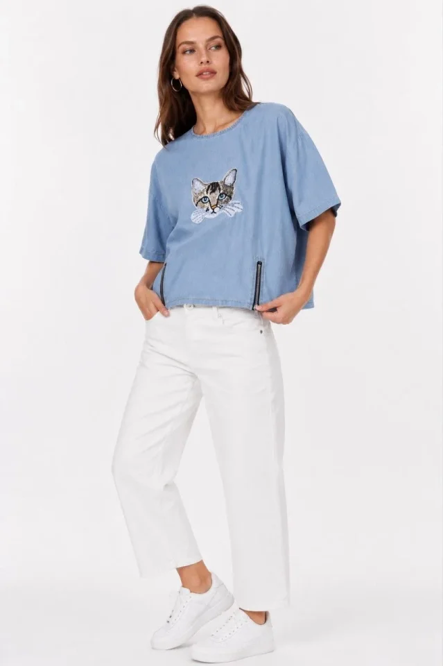Kedi Baskılı T-Shirt Kısa Kol Bisiklet Yaka Rahat Kalıp Tişört - Mavi