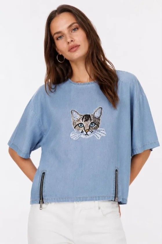 Kedi Baskılı T-Shirt Kısa Kol Bisiklet Yaka Rahat Kalıp Tişört - Mavi