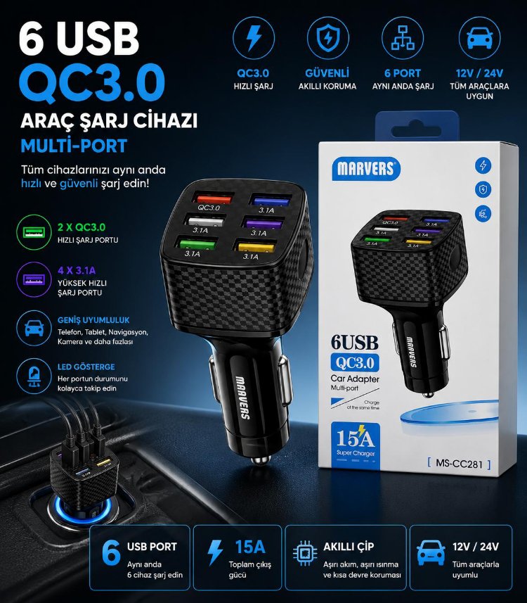 6 PORTLU 3A ARAÇ ŞARJ BAŞLIĞI (MS CC281)