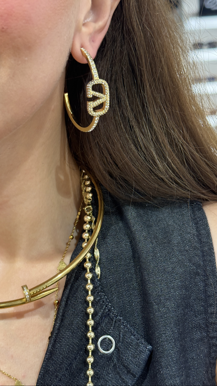 VLTN Big Hoop Taşlı Gold İthal Küpe 