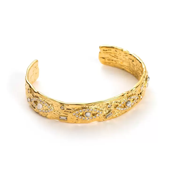 Beyaz Taşlı Vintage Gold Kelepçe 