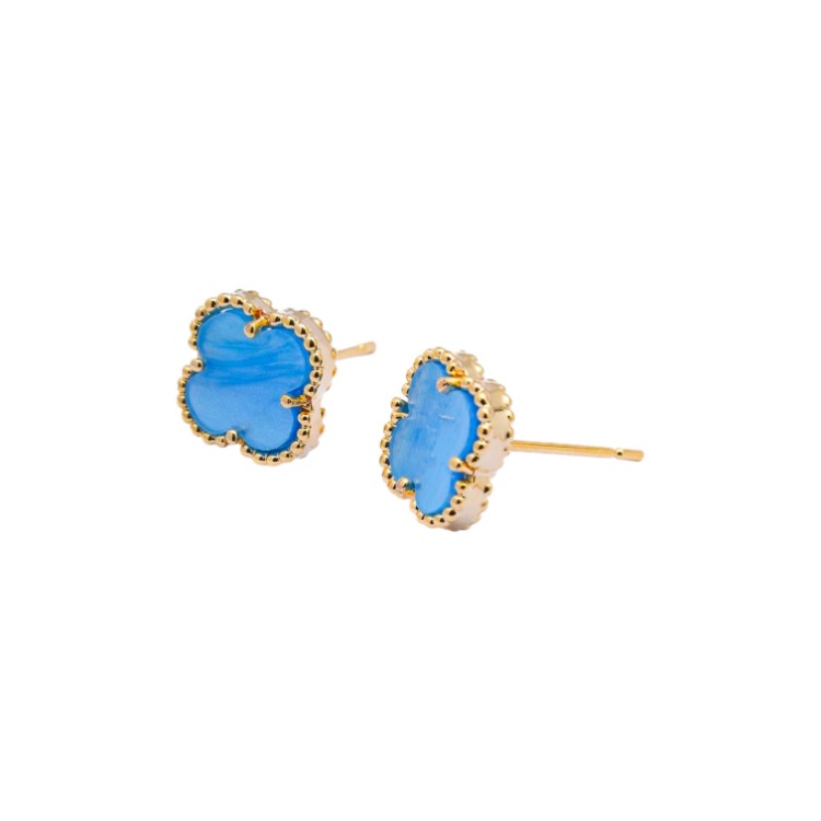 Minimal Mavi Yonca 14K Küpe