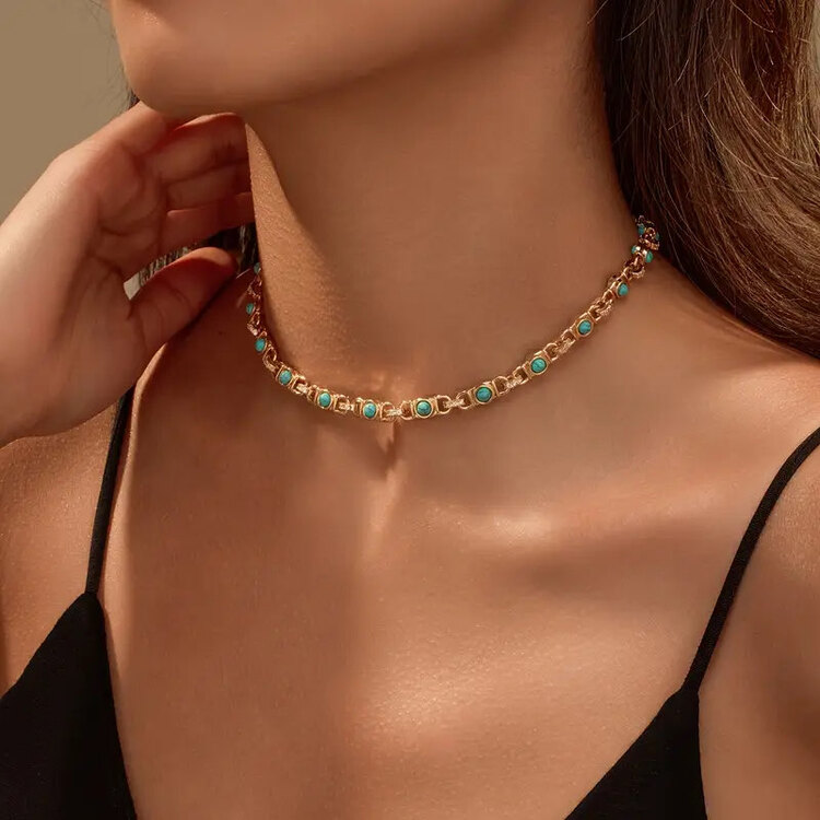 14K Turkuaz Taşlı Gold Bohem Kolye