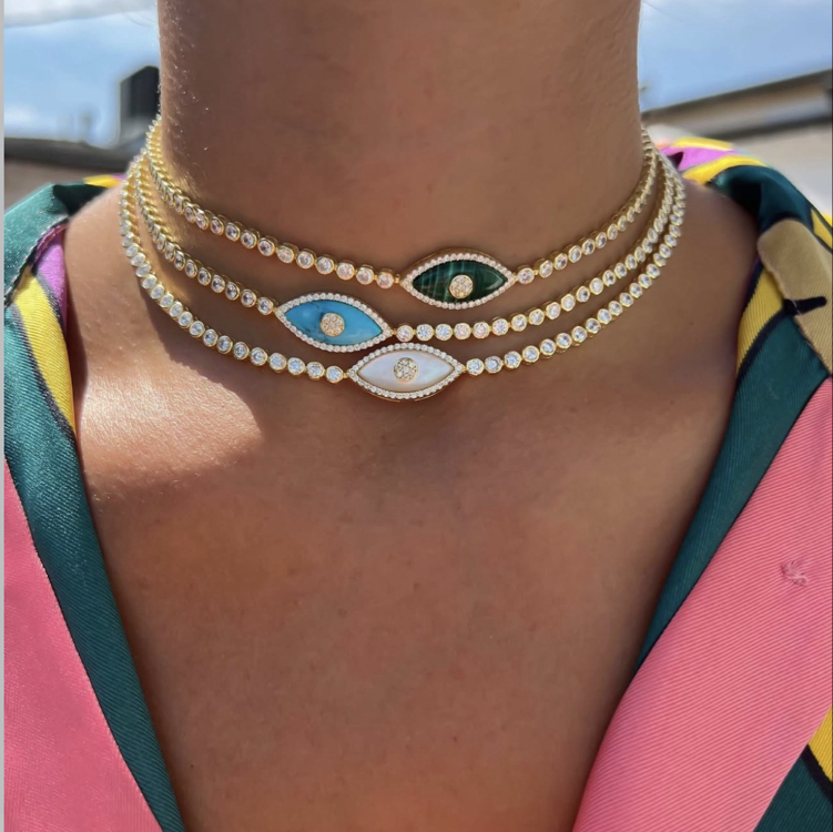 Yeşil Cam Göz Gold Choker
