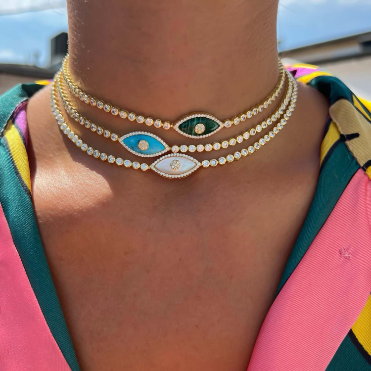 Mavi Cam Göz Gold Choker