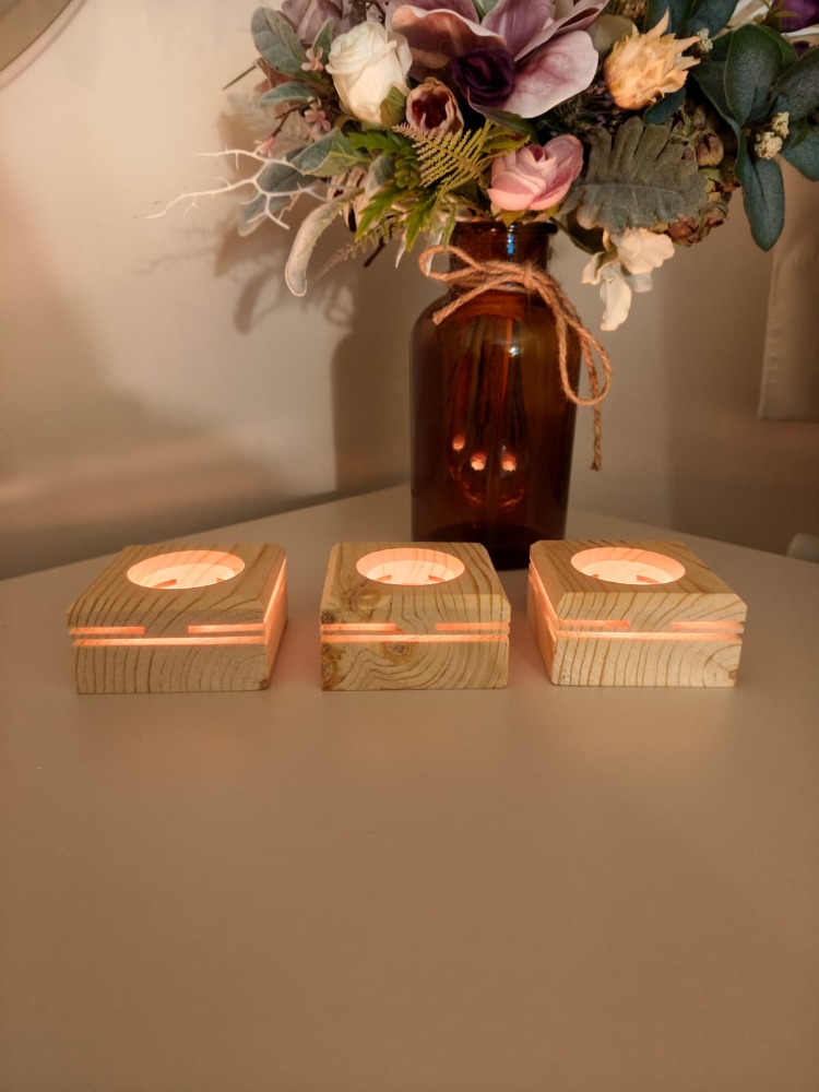 Masif Çam 3'lü Dekoratif Tealight Mumluk