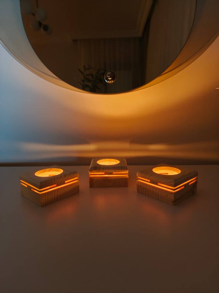 Masif Çam 3'lü Dekoratif Tealight Mumluk