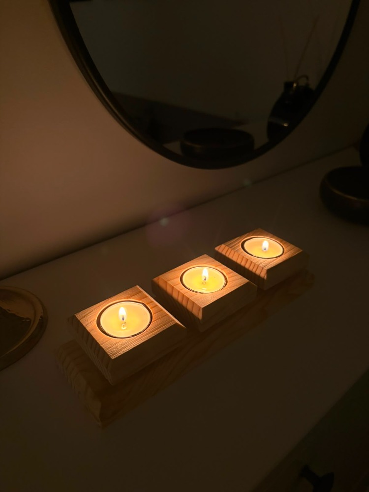 Doğal Ahşap 3'lü Mumluk - Masif Çam Tealight Mumluk