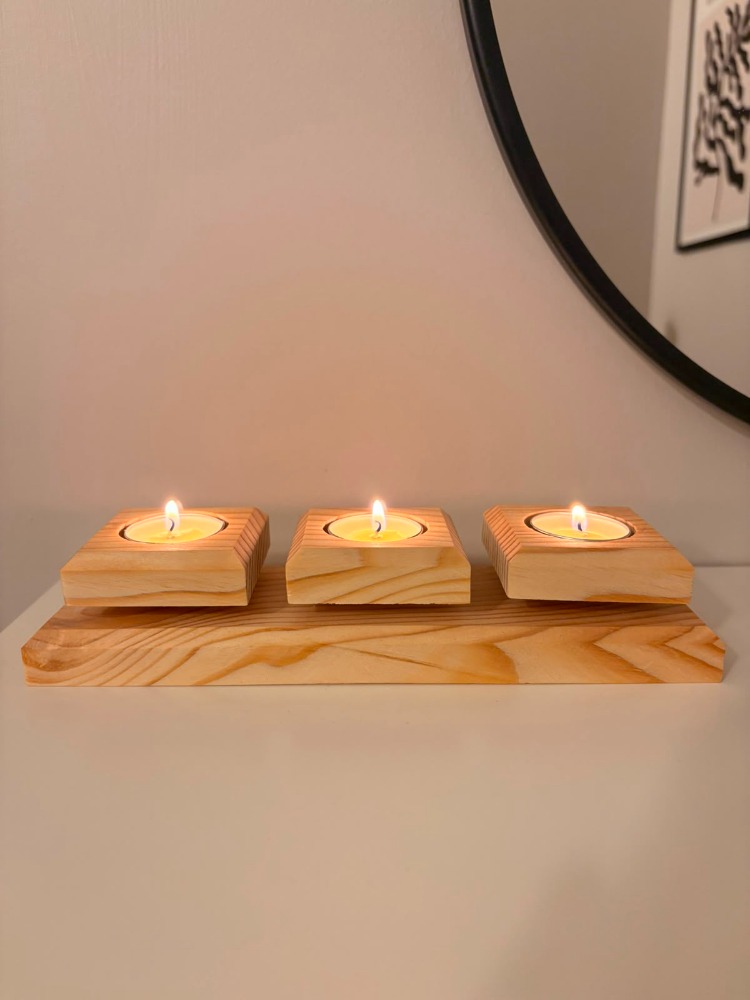 Doğal Ahşap 3'lü Mumluk - Masif Çam Tealight Mumluk