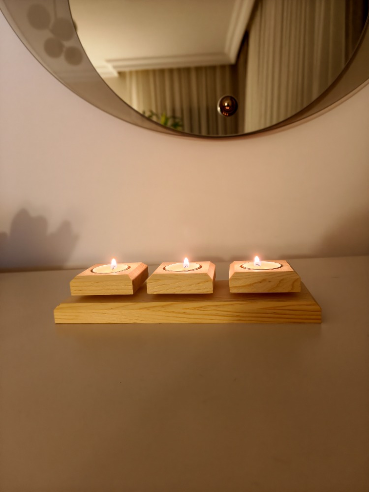 Doğal Ahşap 3'lü Mumluk - Masif Çam Tealight Mumluk