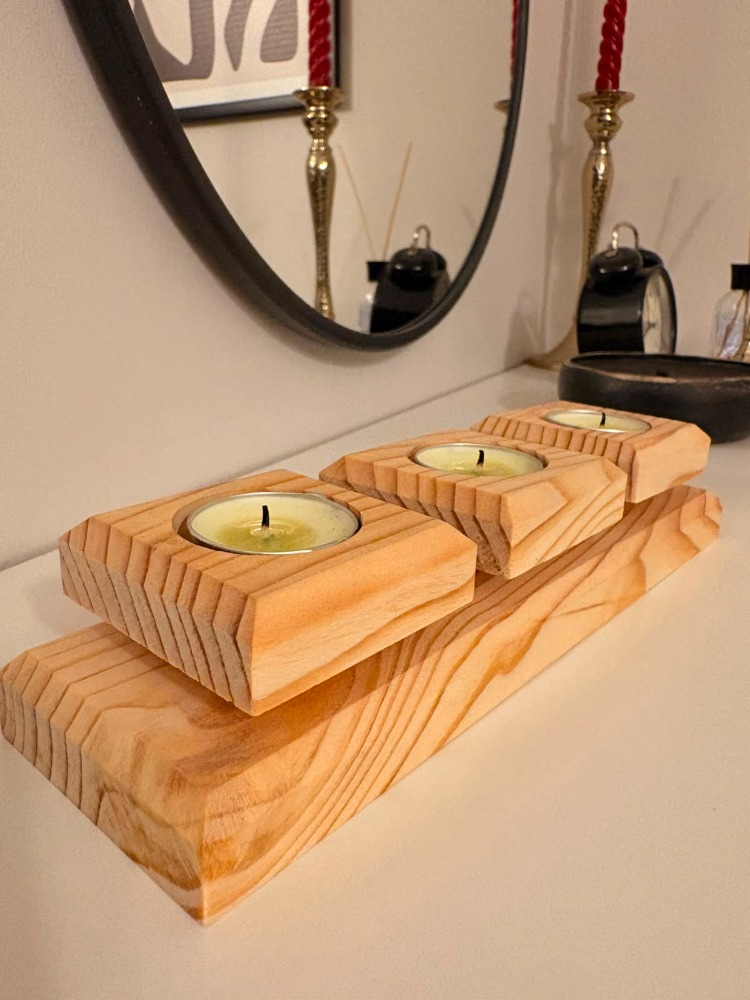 Doğal Ahşap 3'lü Mumluk - Masif Çam Tealight Mumluk