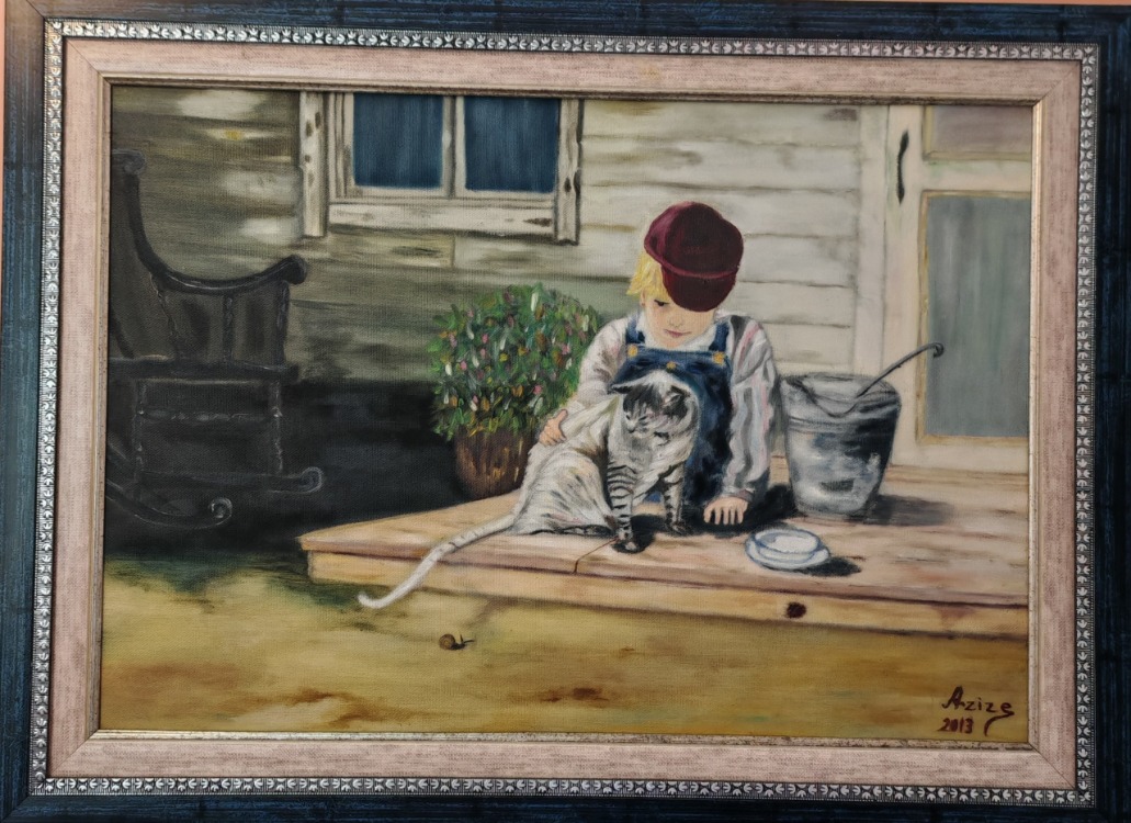 “Küçük Bekçi ve Dostu” - Azize Rodoplu - 35x50 Yağlı Boya Tablo - 2013