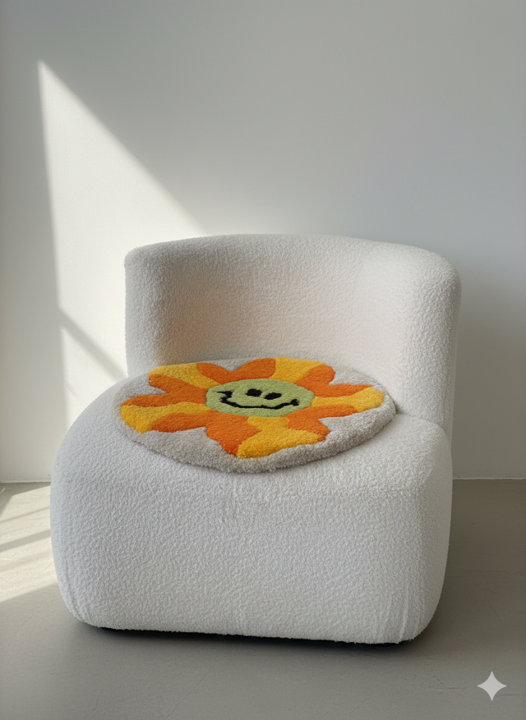 El Yapımı Gülümseyen Çiçek Tufting Halı – Dekoratif Yuvarlak Tasarım (40 cm)