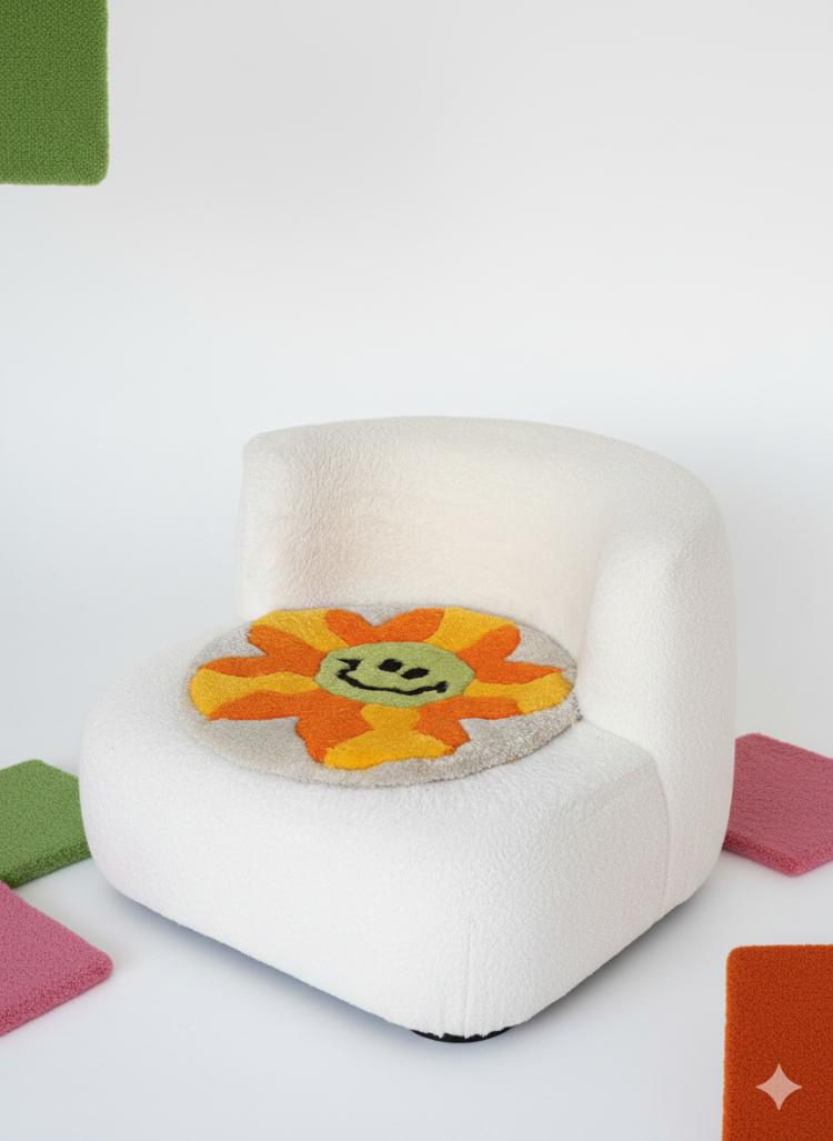 El Yapımı Gülümseyen Çiçek Tufting Halı – Dekoratif Yuvarlak Tasarım (40 cm)