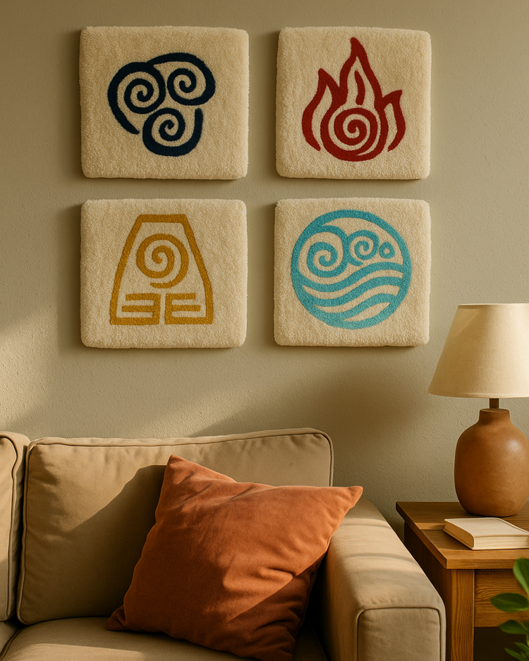 El Yapımı 4 Element Duvar Halısı – Tufting Dekor (Ateş, Su, Toprak, Hava)