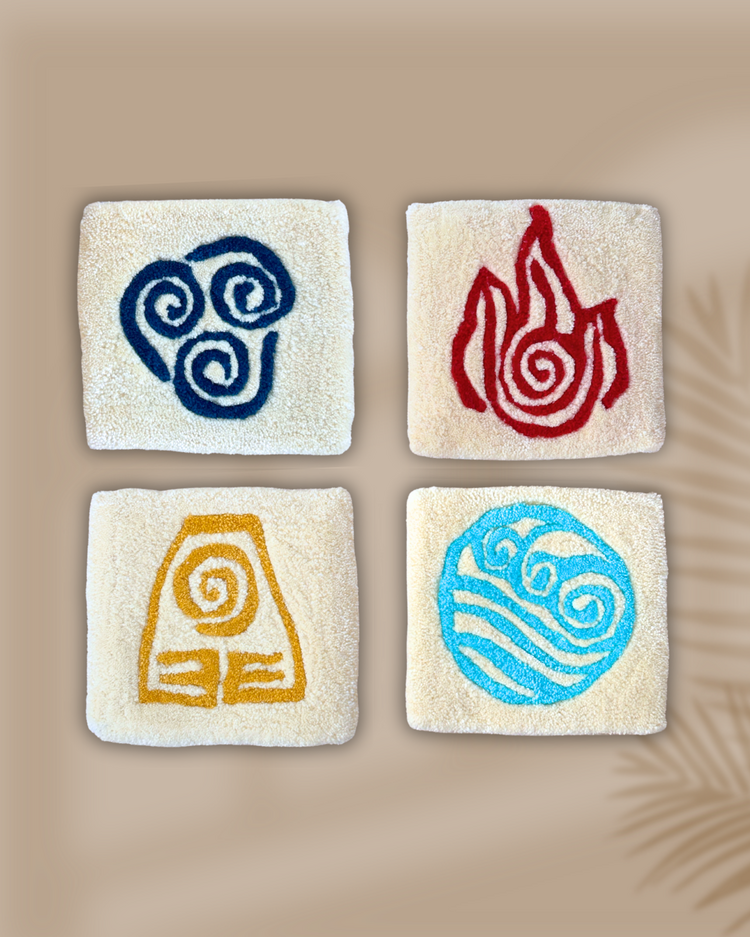 El Yapımı 4 Element Duvar Halısı – Tufting Dekor (Ateş, Su, Toprak, Hava)