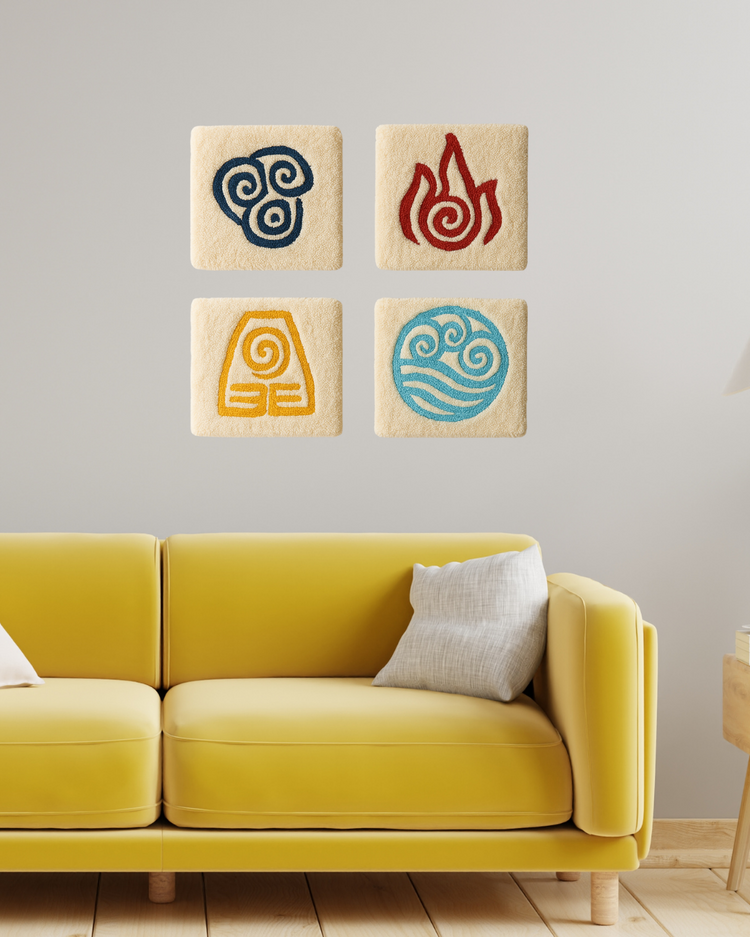 El Yapımı 4 Element Duvar Halısı – Tufting Dekor (Ateş, Su, Toprak, Hava)