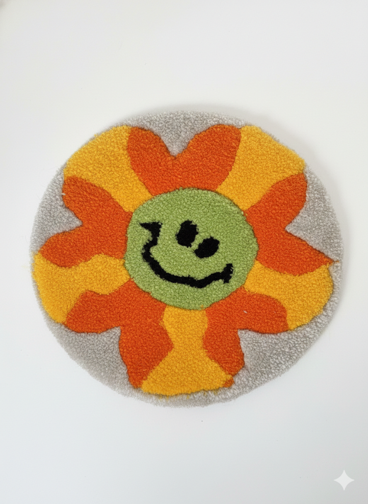 El Yapımı Gülümseyen Çiçek Tufting Halı – Dekoratif Yuvarlak Tasarım (40 cm)