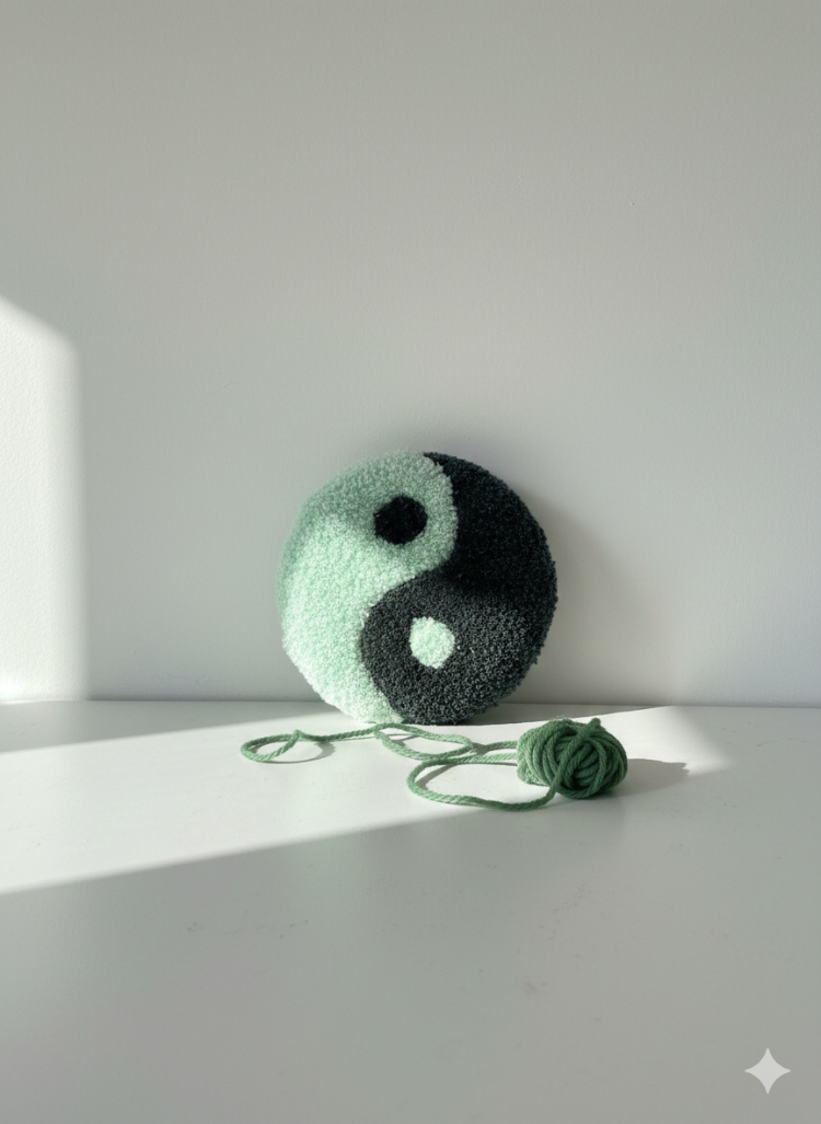 El Yapımı Yin Yang Tufting Bardak Altlığı & Mini Duvar Dekoru – Yeşil Tonlar (10 cm)