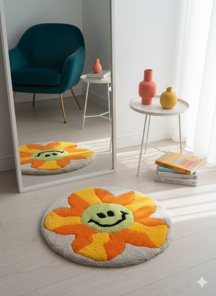 El Yapımı Gülümseyen Çiçek Tufting Halı – Dekoratif Yuvarlak Tasarım (40 cm)