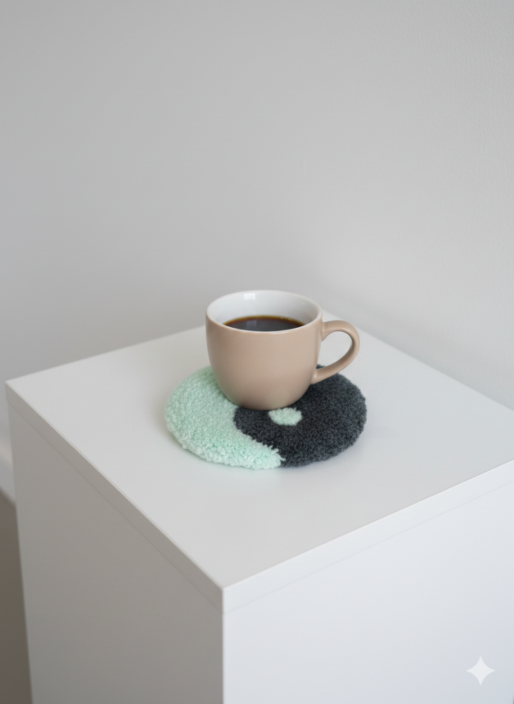 El Yapımı Yin Yang Tufting Bardak Altlığı & Mini Duvar Dekoru – Yeşil Tonlar (10 cm)