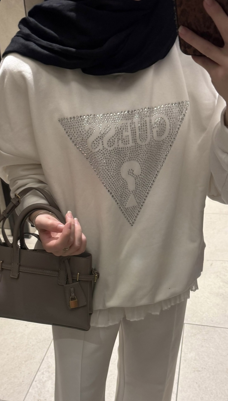 G Logo Taşlı Sweat Beyaz