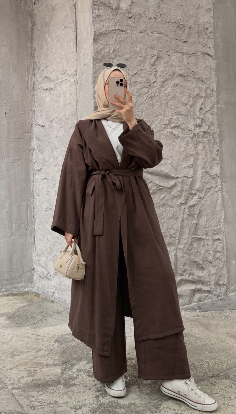 Kuşaklı Kimono Takım Kahverengi