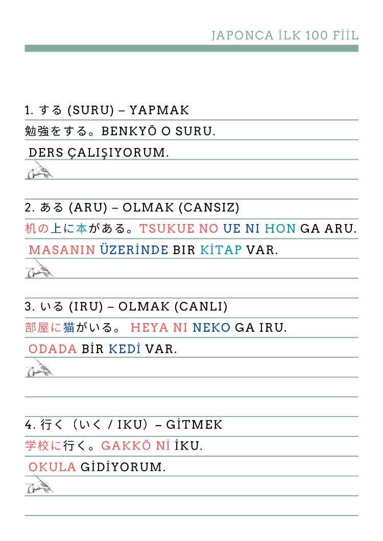 Japonca İlk 100 Fiil A1-B1 Seviye + 10 Hikaye ve Sözlük (41SF)